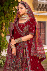 Maroon Velvet Designer Bridal Lehenga with Double Dupatta